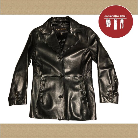 Women's Marc New York Black Leather Button Up Jacket - Picture 1 of 6
